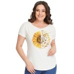 Kurun's Collection Büyük Beden Sun Flower Baskılı Geniş V Yaka Kısa Kol Oval Yırtmaç Bluz Ekru 58-60