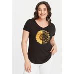 Kurun's Collection Büyük Beden Sun Flower Baskılı Geniş V Yaka Kısa Kol Oval Yırtmaç Bluz Siyah 50-52