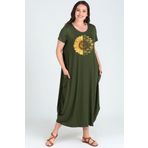 Kurun's Collection Büyük Beden Sun Flower Baskılı Jumbo Kısa Kol Elbise Haki 42-44