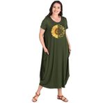 Kurun's Collection Büyük Beden Sun Flower Baskılı Jumbo Kısa Kol Elbise Haki 54-56