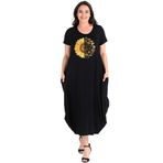 Kurun's Collection Büyük Beden Sun Flower Baskılı Jumbo Kısa Kol Elbise Siyah 42-44