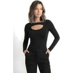 Kurun's Collection Soft Kumaş Asimetrik Göğüs Pencereli Uzun Kol Bluz - Siyah - 2XL