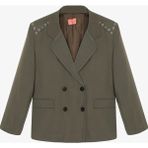Kuş Gözü Detaylı Çift Düğmeli Oversize Blazer Ceket Haki