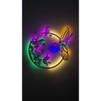 Kuş ve Çiçek Temalı Ahşap LED Işıklı Tablo – El Yapımı Lazer Kesim Dekoratif Hediye Lamba - 43x42 - Siyah