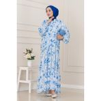 Kuşaklı Çiçekli Lina Elbise-Mavi - 46