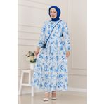 Kuşaklı Çiçekli Lina Elbise-Mavi