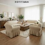 KUTLALE Bürümcük 3+2+1+1 Koltuk, Kanepe, Çekyat Örtüsü, Etekli, Streç, Esnek, Lastikli, Koltuk Kılıfı Takımı - 183 x 230 cm - Krem