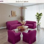 KUTLALE Bürümcük 3+2+1+1 Koltuk, Kanepe, Çekyat Örtüsü, Etekli, Streç, Esnek, Lastikli, Koltuk Kılıfı Takımı - 183 x 230 cm - Mor