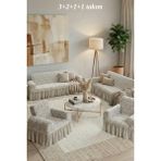 KUTLALE Jakarlı 3+2+1+1 Osmanlı Desen Koltuk, Kanepe, Çekyat Örtüsü, Etekli, Streç, Esnek, Lastikli, Koltuk Kılıfı 3211 Takımı - 180 x 230 cm - Krem