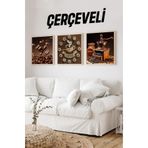 Kututr "3'Lü Çerçeveli Kahve Temalı Duvar Tablosu Ve Saat Seti – Mdf Uv Baskı Modern Dekor",Krs4001 23 X