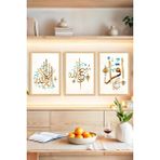 KutuTR 🌿 Allah Yazılı Altın ve Turkuaz Hat Sanatı 3’lü Çerçeve Görünümlü Tablo Seti 🌟 CRVS1084 21 x 30 - Renkli
