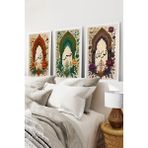 KutuTR Beyaz Çerçeveli 2d Uv Baskı 3’lü Mdf Tablo–mor ve Altın Çiçek Detaylı Kemer Formunda-Beyaz CRV1231 - 23 x 32