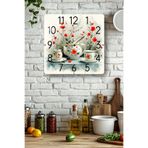 kutuTR Kırmızı Çiçekli Çay Seti Temalı Temperli Cam Kare Saat 33x33 cm Ebadında UV Baskı - KCS077