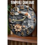 kutuTR Koi Balığı ve Nilüfer Çiçekli 3D Görünümlü Temperli Cam Saat – 33 cm CSDW047