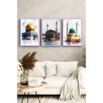 KutuTR Lila Renk Ahşap Çerçeveli 2duv Baskı 3’lü Mdf Tablo–mescid-I Nebevi ve Kubbetüs Sahra-Lila CRV1182 - 23 x 32