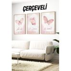 Kututr Pembe Kelebekli İslami Çerçeveli 3'Lü Tablo Seti Crv1078,Çerçeveli Crv1078 42 X 62
