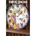kutuTR Renkli Unicorn Tasarımlı Tasarım 3D Görünümlü Temperli Cam Saat – 33 cm CSDW162