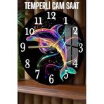 kutuTR Renkli Yunus Desenli Tasarım 3D Görünümlü Temperli Cam Saat – 33 cm CSDW100