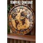 kutuTR Vintage Dünya Haritası Temalı Tasarım 3D Görünümlü Temperli Cam Saat – 33 cm CSDW134
