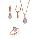 Kuvars Taşlı Damla Mini Rose Gümüş Set 2301