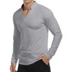 KUYIGO Erkek Uzun ve Kısa Kollu Polo Gömlek Pamuklu V Yaka Henley Gömlek Dar Kesim Temel Golf Tenis Spor Üst S-XXL, Uzun Açık Gri, XXL