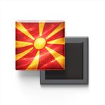 Kuzey Makedonya - Abstract Efektli Bayrak - Baskılı Kare Buzdolap Magneti
