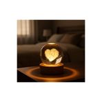 Kuzey Tacı Heart in the Kalp Figürlü 3D Lazer İşlemeli Kristal Küre - Ahşap Kaideli LED Işıklı Dekoratif