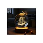 Kuzey Tacı Ocean Voyage Yelkenli Gemi 3D Lazer İşlemeli Kristal Küre - Ahşap Kaideli LED Işıklı Dekoratif