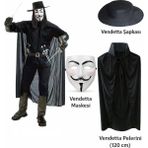 Kuzgun Ticaret Vendetta Kostüm Seti – Şapka Maske Pelerin (120 Cm)