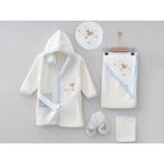 Kuzu Nakışlı 4lü Unisex Bornoz Set - Mavi