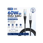 KVK TS LED Göstergeli USB-C to Type-C 60W Hızlı Şarj Kablosu | 3A | 2m Uzun Boy | Örgü Tasarım & Alüminyum Başlık | Şarj ve Veri Aktarımı | 24 Ay Garanti