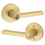 Kwikset Halifax giriş kapısı kolu, kilitli ve anahtarlı, güvenli anahtarlı, ters çevrilebilir kol, dış cephe, ön giriş ve yatak odaları için, saten pirinç, çekme dirençli Smartkey Rekey güvenlik ve