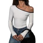 Kxydlww Uzun kollu tişört, kadın, seksi, omzu açık, şık bluz, kazak, açık omuz, tişört, moda, yumuşak tişört, Y2K üst, gündelik, sokak giyimi, kısa, tek omuzlu tişört, Beyaz, M