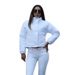 KYF STYLE Kadın Beyaz Dik Yaka Çıtçıtlı Fermuarlı Kısa Şişme Mont