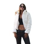 KYF STYLE Kadın Beyaz Dik Yaka Şal Desenli Lüx Kısa Şişme Mont