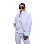 KYF STYLE Kadın Beyaz Dik Yaka Su Geçirmez Fermuar Kapamalı Kısa Şişme Mont