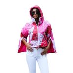 KYF STYLE Kadın Pembe Desenli Kapüşonlu Kolları Fermuarlı Kısa Şişme Mont