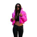 KYF STYLE Kadın Pembe Parlak Su İtici Dik Yaka Kısa Şişme Mont