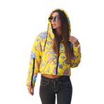 KYF STYLE Kadın Sarı Çiçekli Kapüşonlu Kolları Fermuarlı Kısa Şişme Mont