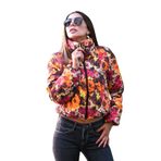 KYF STYLE Kadın Turuncu Dik Yaka Çiçekli Kısa Şişme Mont