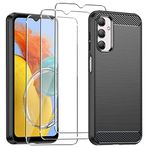 KZIOACSH Samsung Galaxy M14 5G için Kılıf, Yumuşak TPU Karbon Fiber Doku Çizilmez Darbeye Dayanıklı Telefon Kılıfı Ultra İnce Düşmeye Karşı Dayanıklı Tampon Kapak Kabuk 3 Temperli Cam Ekran Koruyuculu
