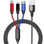 Kzy 3 In 1 Çoklu 2AMPER Type-C Micro Lightning 120 cm Hızlı Şarj ve Data Kablosu - Örgülü Siyah