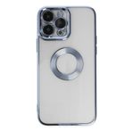 KZY İletişim Apple iPhone 14 Pro ile Uyumlu ile uyumlu Kapak Yanları Renkli Lens Korumalı Logo Gösteren Şeffaf Luxury Kılıf - Açık Mavi