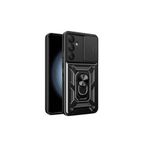 KZY İLETİŞİM Samsung Galaxy A35 Kapak Lens Sürgülü Kamera Korumalı Yüzüklü Stantlı Tank Kılıf - Siyah