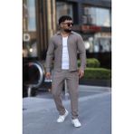 L-KOM Çizgili Slim Fit 2li Takım (Gömlek & Pantolon) - Pamuklu Rahat Takım Elbise - Bej