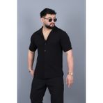 L-KOM Erkek Mars Krep Kumaş Kısa Kollu Açık Yaka Yazlık Gömlek - Siyah - XL
