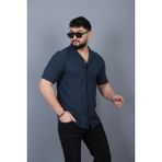 L-KOM Erkek Müslin Likralı Gömlek Kısa Kollu Pamuklu Yazlık Rahat Kalıp - Lacivert - 2XL