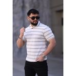 L-KOM Erkek Polo Yaka Çizgili Triko T-Shirt - Beyaz - Bej - XL