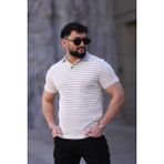 L-KOM Erkek Polo Yaka Çizgili Triko T-Shirt - Beyaz - Gri - XL