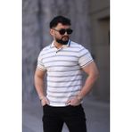 L-KOM Erkek Polo Yaka Çizgili Triko T-Shirt - Beyaz - Mavi - XL
